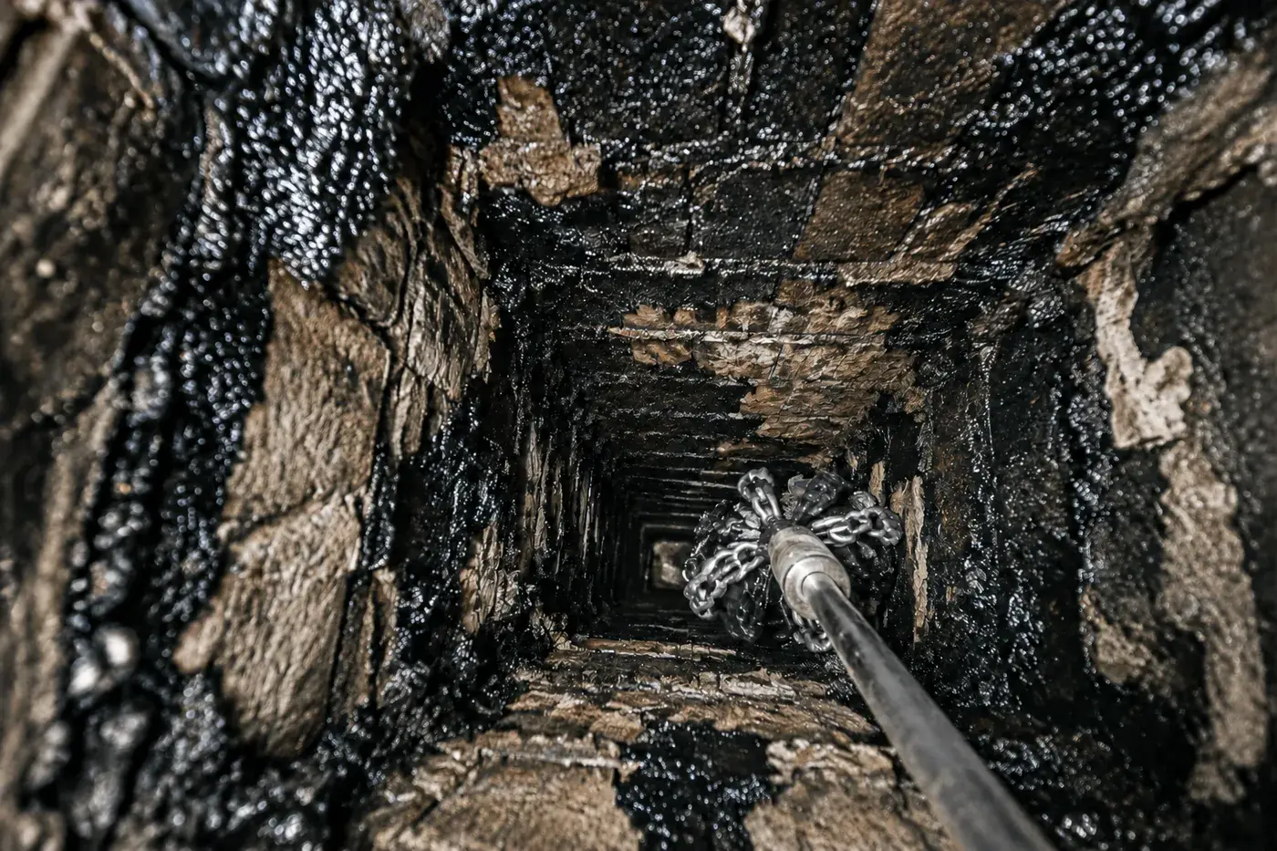 Intérieur d’un conduit de cheminée maçonné couvert d’une croûte de bistre noire et brillante, éclairé par une lampe