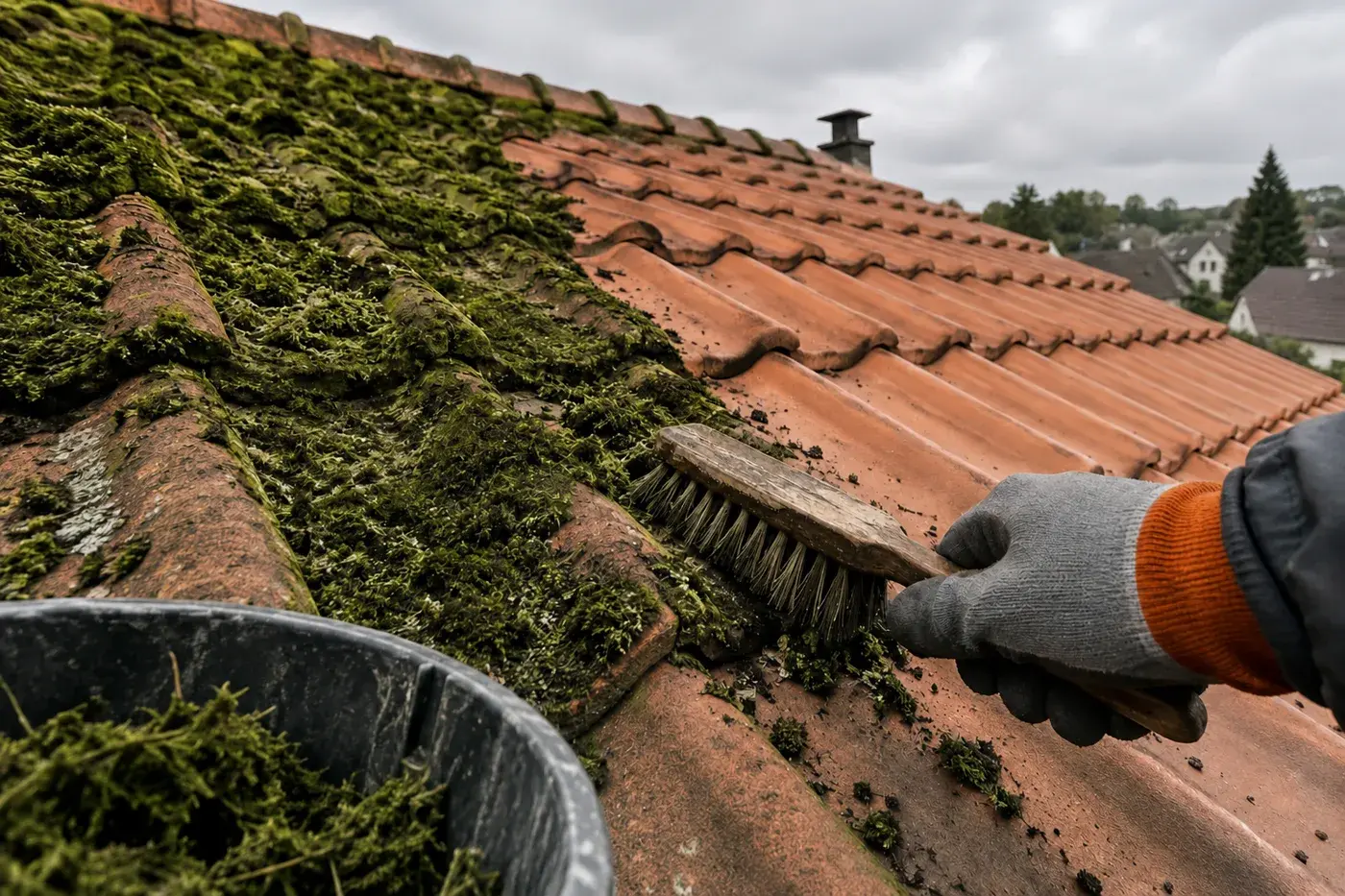 Main gantée brossant la mousse sur des tuiles mécaniques