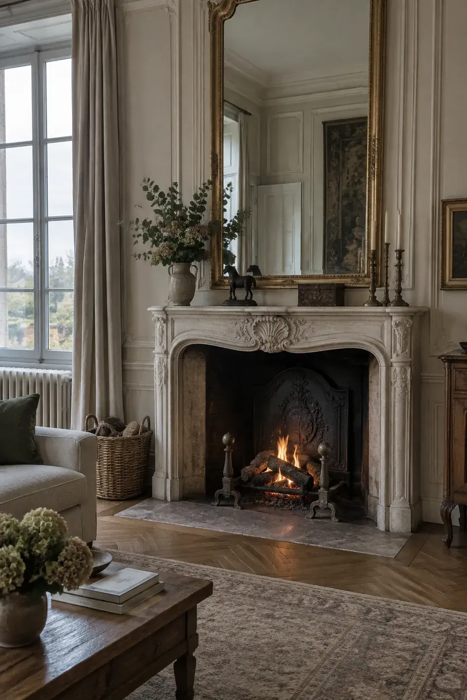 Foyer de cheminée ouvert en pierre claire dans un salon, avec son âtre et son manteau