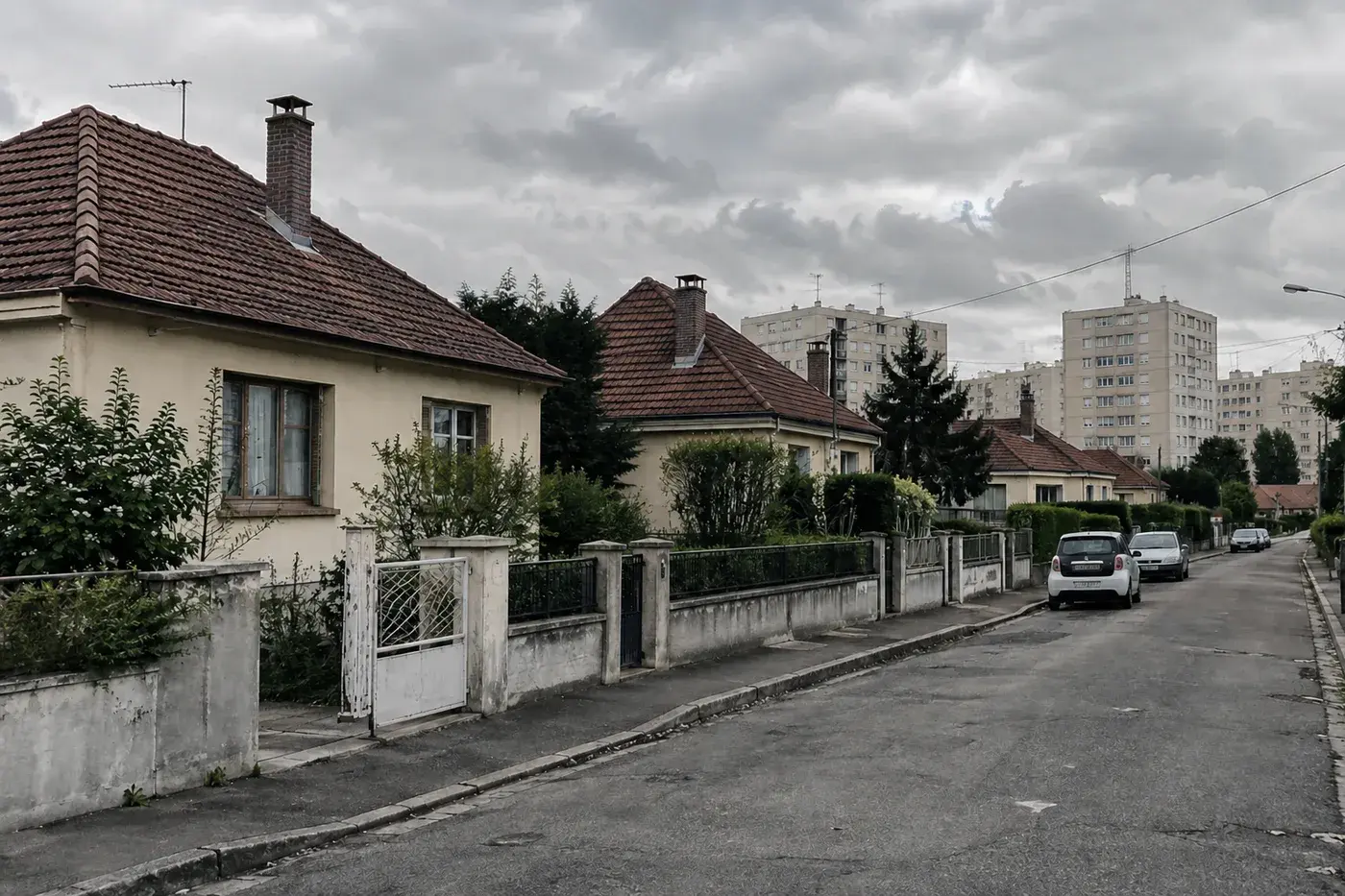 Rue de pavillons des années cinquante aux toits de tuiles mécaniques et souches de brique, des immeubles des années soixante au fond