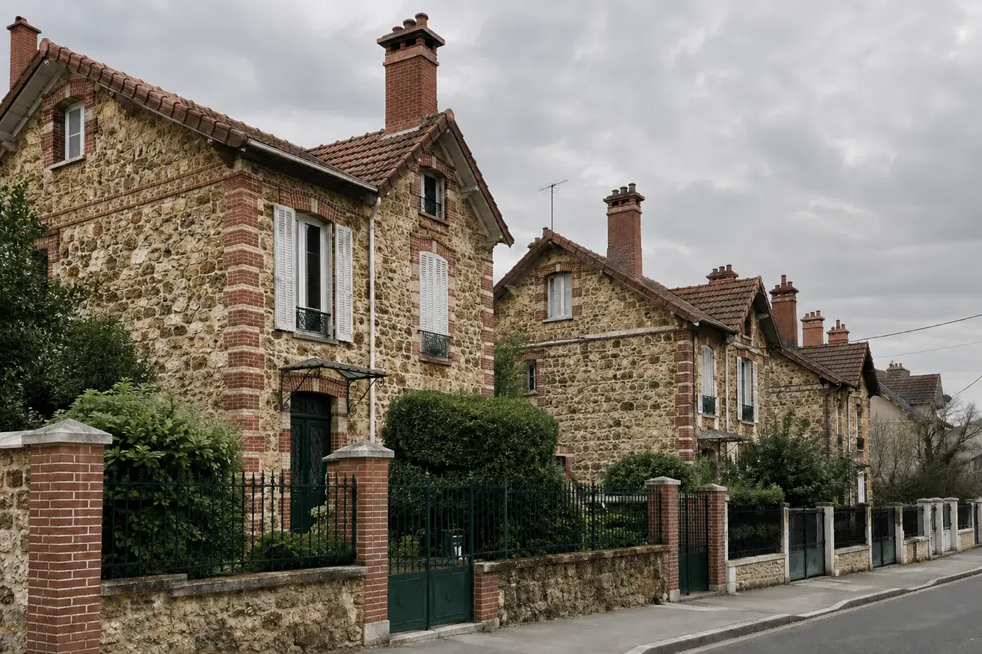 Rangée de pavillons en pierre meulière aux encadrements de brique, toits de tuiles et hautes souches de brique, derrière des grilles en fer