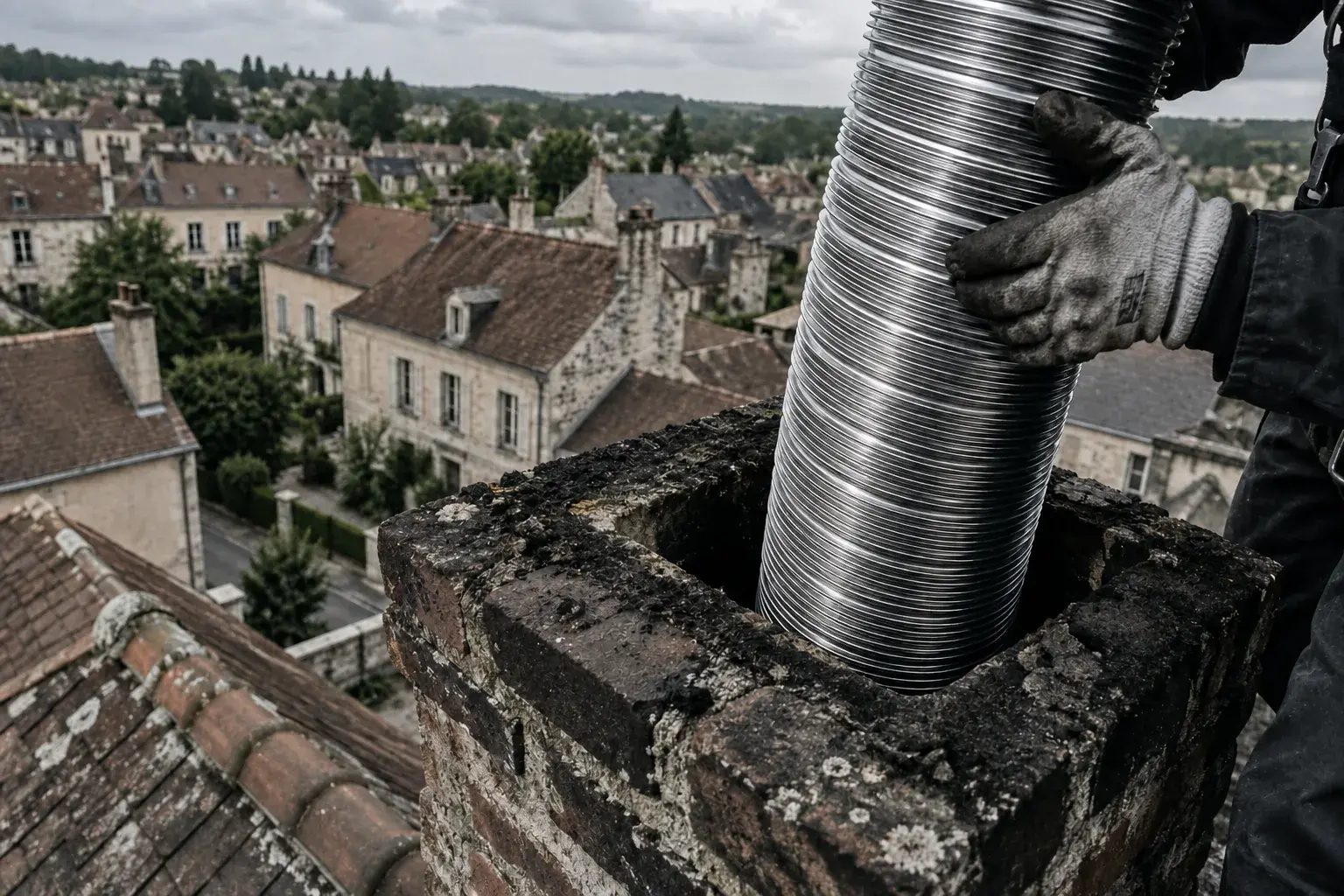 Conduit de tubage inox glissé dans une souche de cheminée en brique, au-dessus des toits
