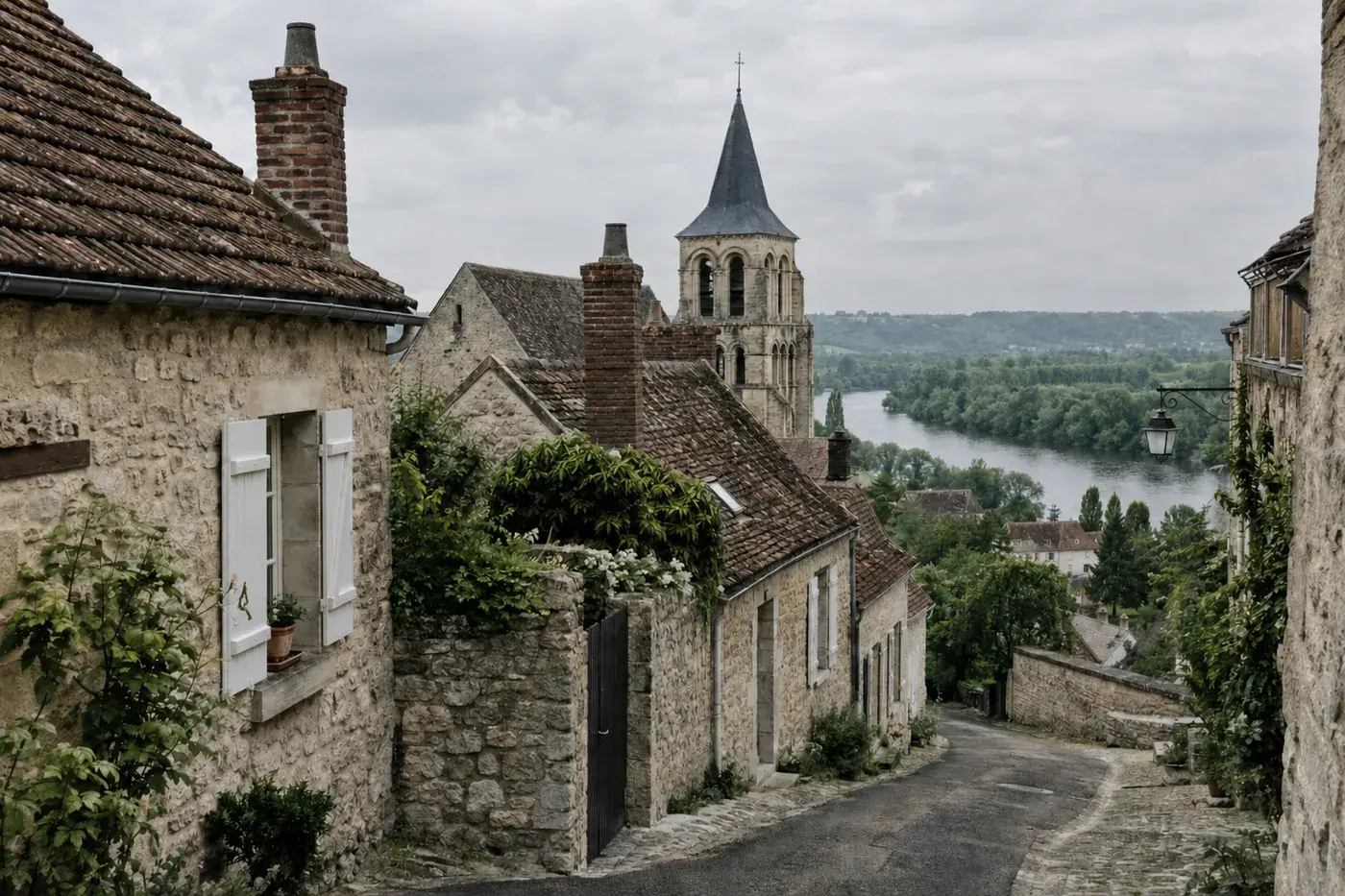 Ruelle en pente bordée de maisons de pierre aux toits de tuiles anciennes, un clocher roman à flèche d’ardoise au fond