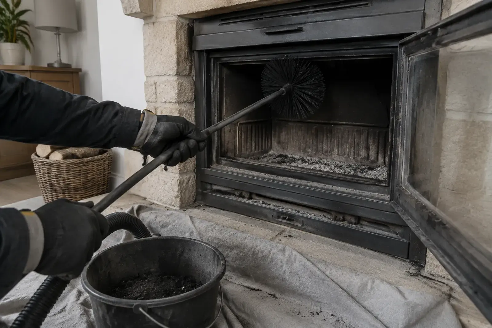 Mains gantées poussant un hérisson de ramonage dans le conduit d’un insert à bois, bâche grise et seau de suie au sol