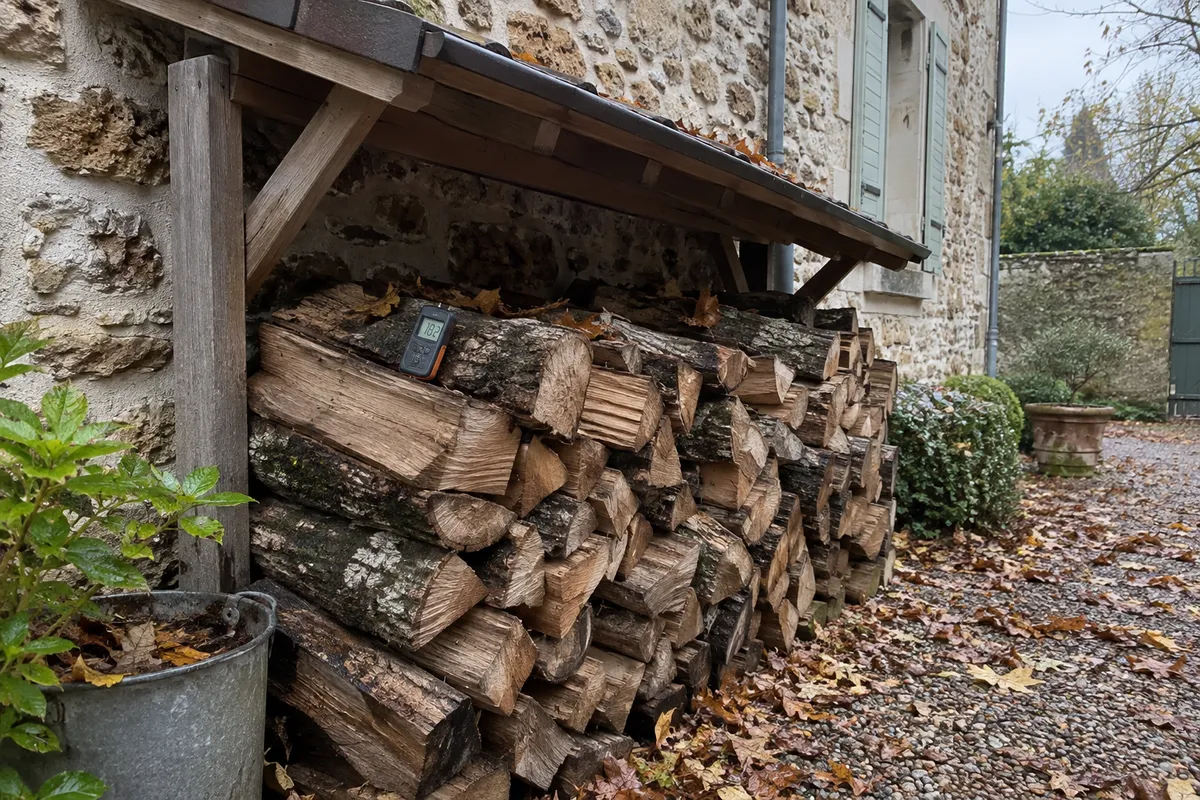 Tas de bûches de chêne fendues rangées sous un abri en bois contre un mur de meulière, un humidimètre posé sur une bûche